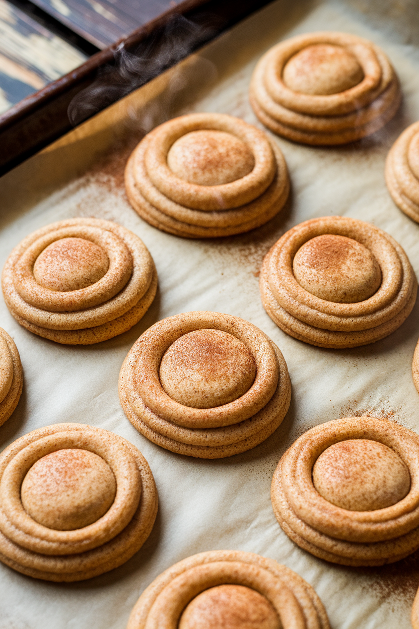 Photo prompt: Warm indoor scene featuring cinnamon-dusted banana almond-flour snickerdoodles on a parchment-lined baking sheet, subtle steam rising, no logos or text.