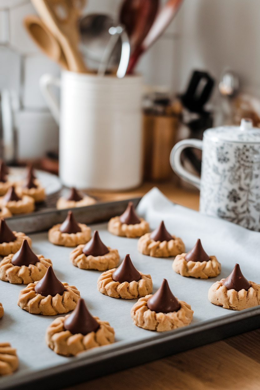 A cozy indoor kitchen counter with peanut butter blossom cookies topped with chocolate kisses, some still slightly glossy from warmth. Photo, no text or logos.