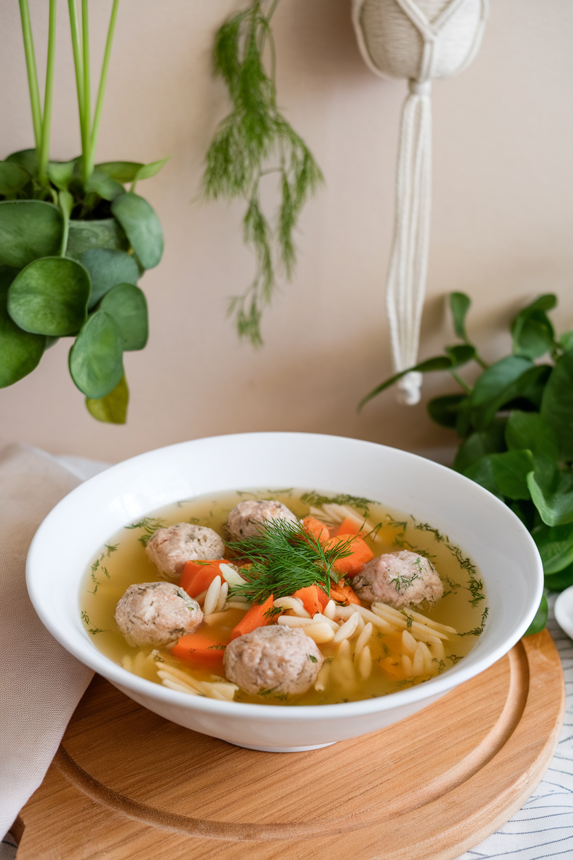 Indoor photo of a clear broth soup featuring small turkey meatballs, orzo, carrots, and fresh dill, no text or logos.