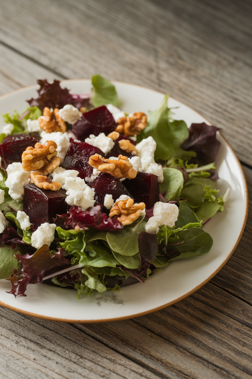 An indoor salad plate featuring mixed greens, roasted beet cubes, goat cheese crumbles, and walnut pieces. No text or logos.