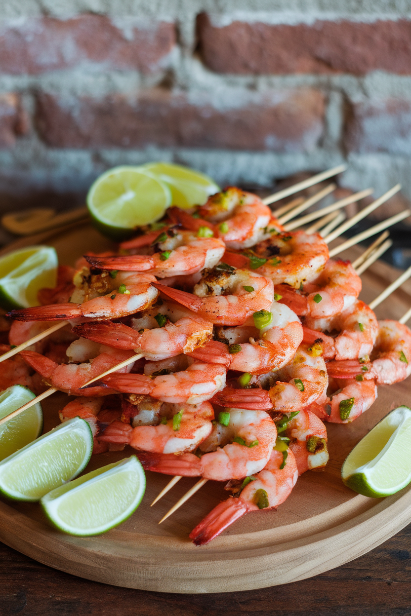 Indoor platter of threaded grilled shrimp skewers with lime wedges and chili flakes visible. No text or logos. Photo, not illustration.