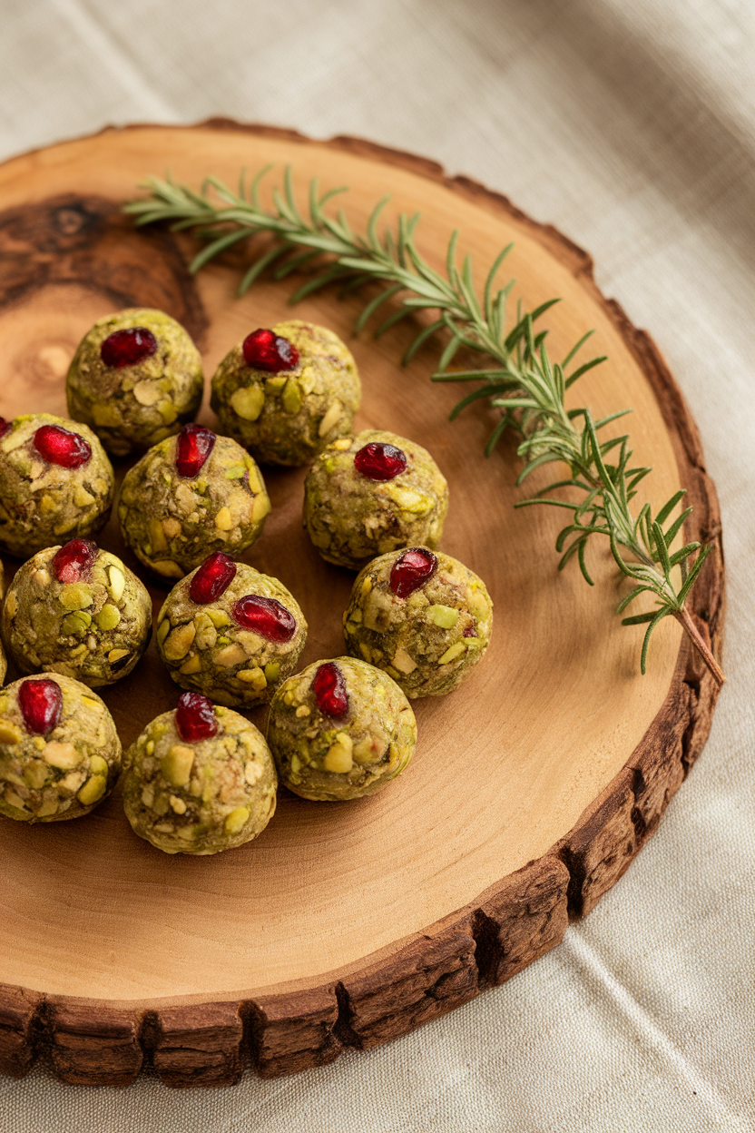 Photo of an indoor serving board with green-tinted pistachio energy balls studded with ruby red dried pomegranate arils. No text or logos.
