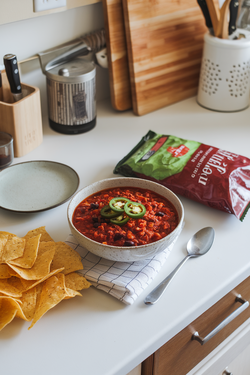 An indoor kitchen counter featuring a bowl of hearty red chili made with ground bison, black beans, and diced tomatoes, topped with sliced jalapeños. No text or logos. Photo.