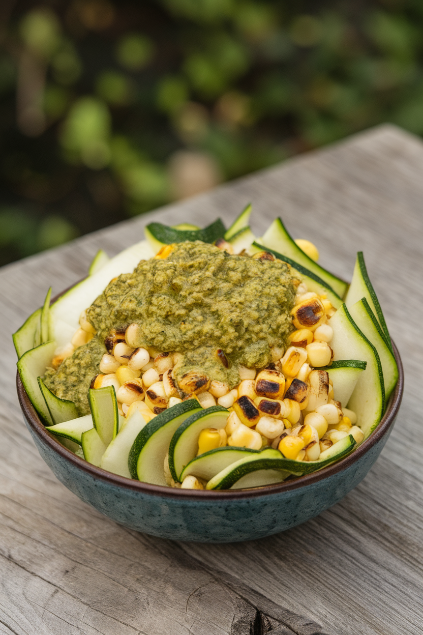 Bowl indoors containing raw shaved zucchini ribbons, charred corn kernels, and pesto dressing, no text or logos