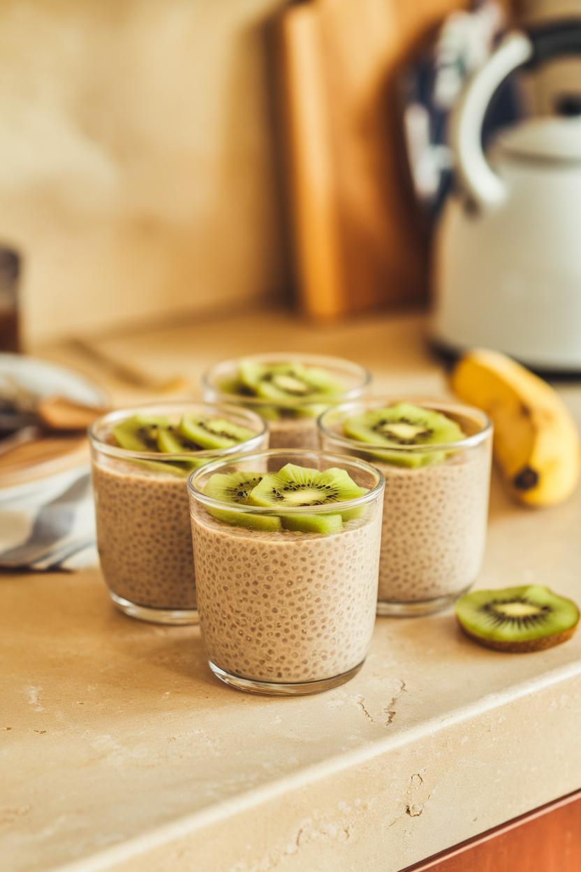 Photo of glass cups of banana chia pudding topped with kiwi slices on an indoor countertop. No text or logos. Photo, not illustration.
