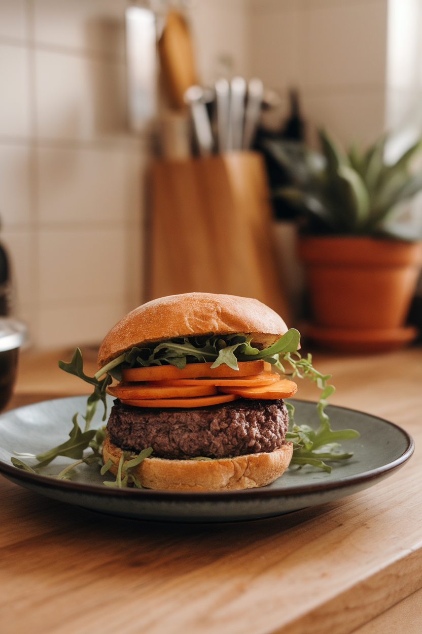 Photo of a plate inside a cozy kitchen featuring a cooked grass-fed beef burger layered with thin sweet-potato rounds and arugula on a sprouted-grain bun; no text or logos; photo, not illustration
