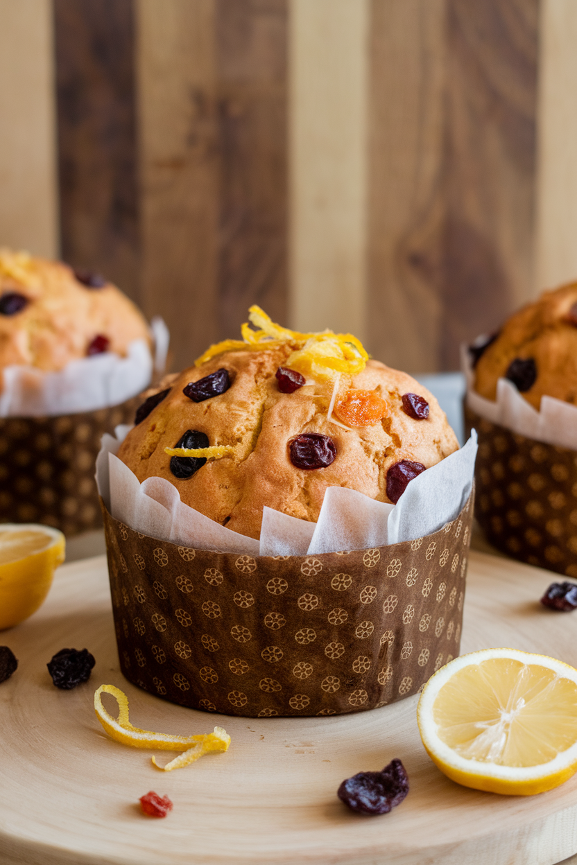 Indoor image of tall, muffin-sized panettone wrapped in parchment collars, dotted with dried fruit and citrus zest; no text or logos.