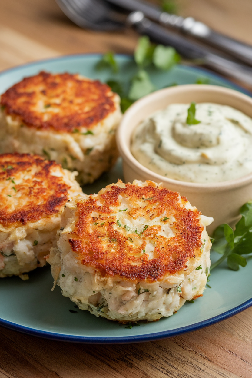 Indoor photo of golden seared crab cakes on a plate with a side of creamy remoulade; no text or logos