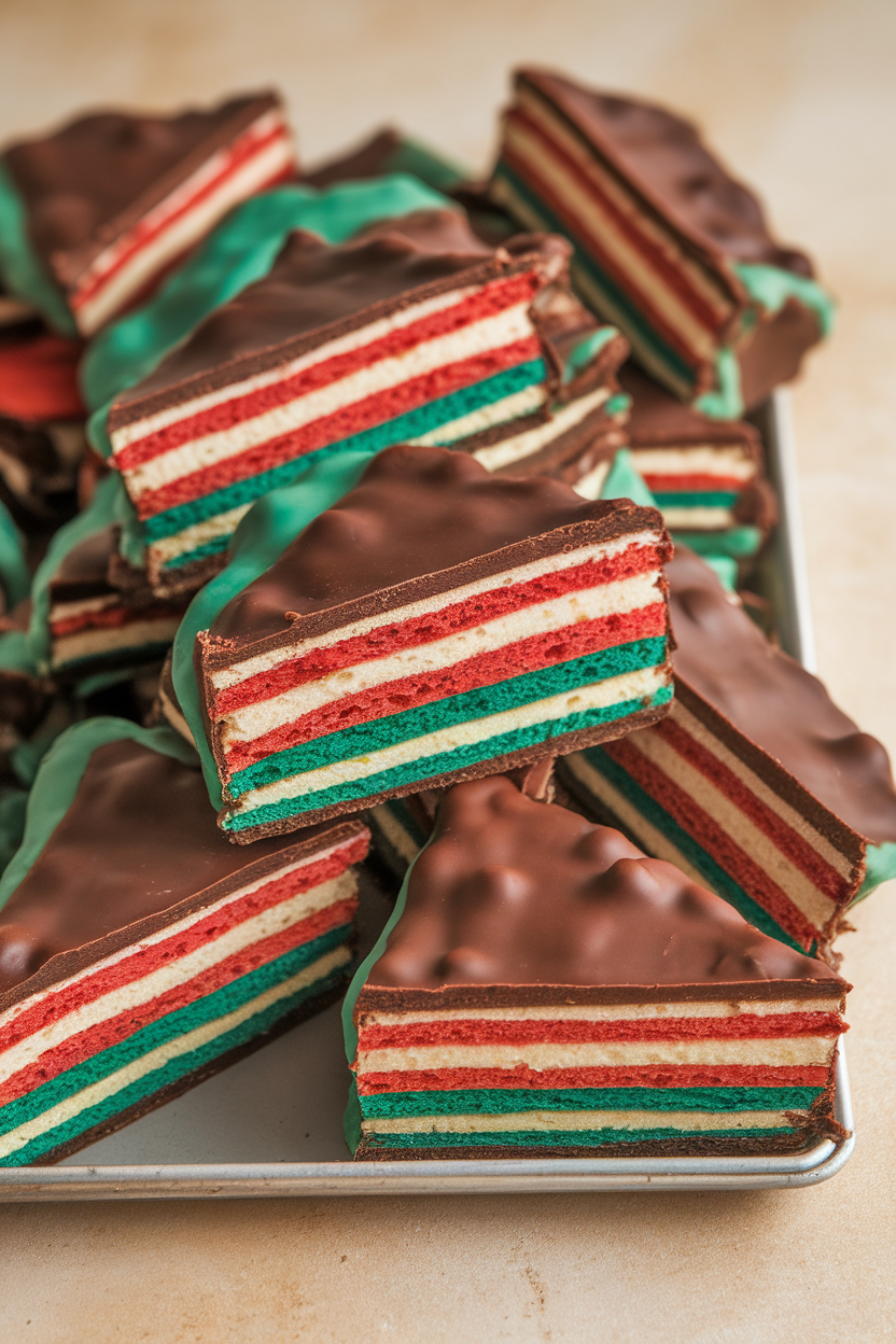 An indoor slice tray showing colorful three-layer almond sponge cookies with chocolate coating on top, striped red, white, and green. Photo, no text or logos.
