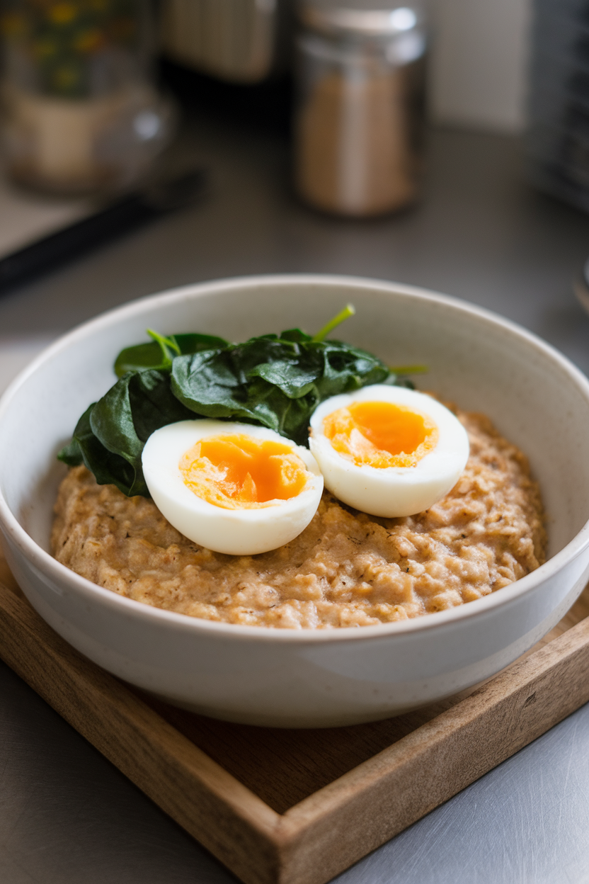 An indoor bowl of cooked savory oatmeal topped with a soft-boiled egg and wilted spinach, placed on a small tray. Photo, no text or logos.