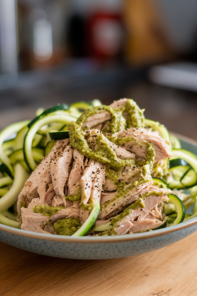 Indoor photo of shredded chicken coated in basil pesto alongside spiralized zucchini in a serving bowl, no text or logos.