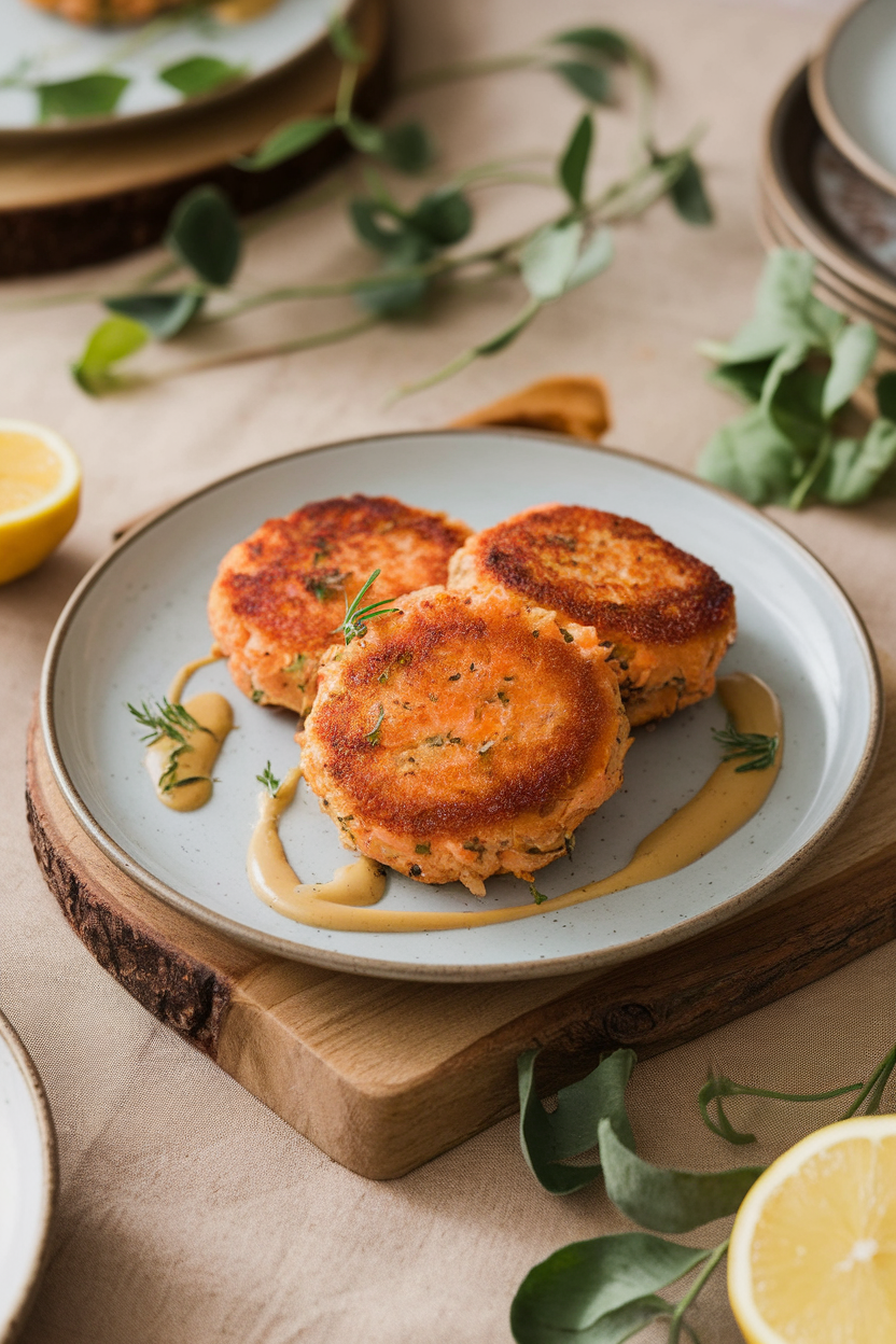 Golden brown salmon cakes on a plate with honey mustard drizzle, indoor dining table, no text or logos.