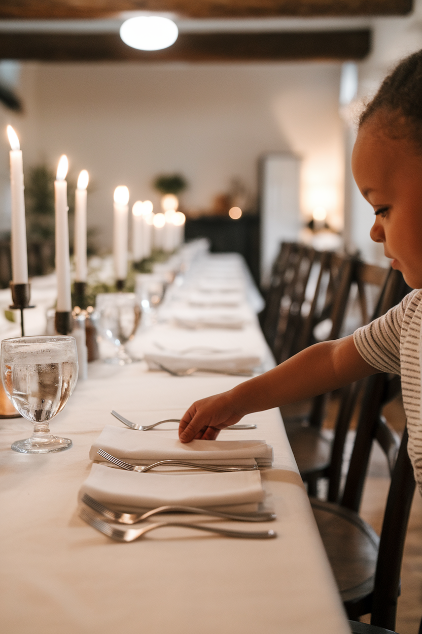 Indoor photo of a child placing forks and napkins at each seat of a family table, no text or logos