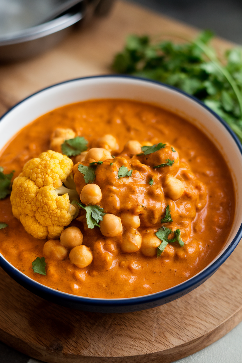 Indoor photo of thick tikka masala with cauliflower florets and chickpeas in a bowl; no text or logos