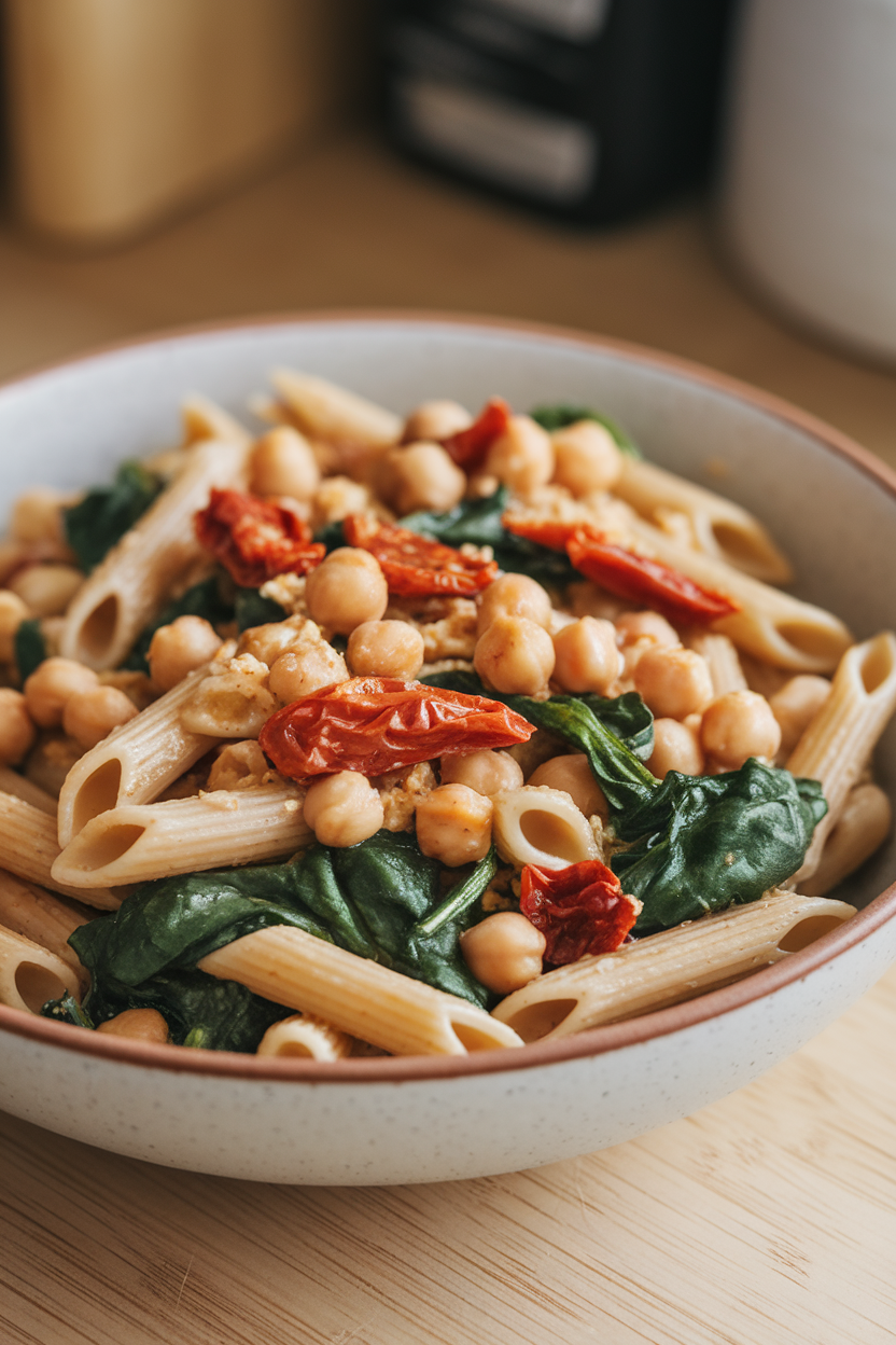 Indoor pasta bowl filled with whole-wheat penne, chickpeas, wilted spinach, and sun-dried tomatoes in a light garlicky sauce. No text or logos present.