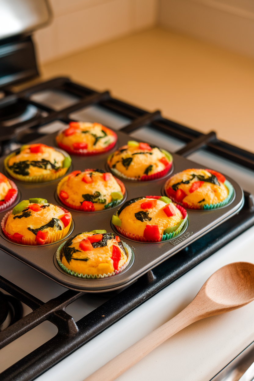 A bright indoor stovetop scene with a muffin tin full of colorful baked egg muffins containing diced bell peppers and spinach; a wooden spoon rests nearby, no text or logos, photo not illustration.