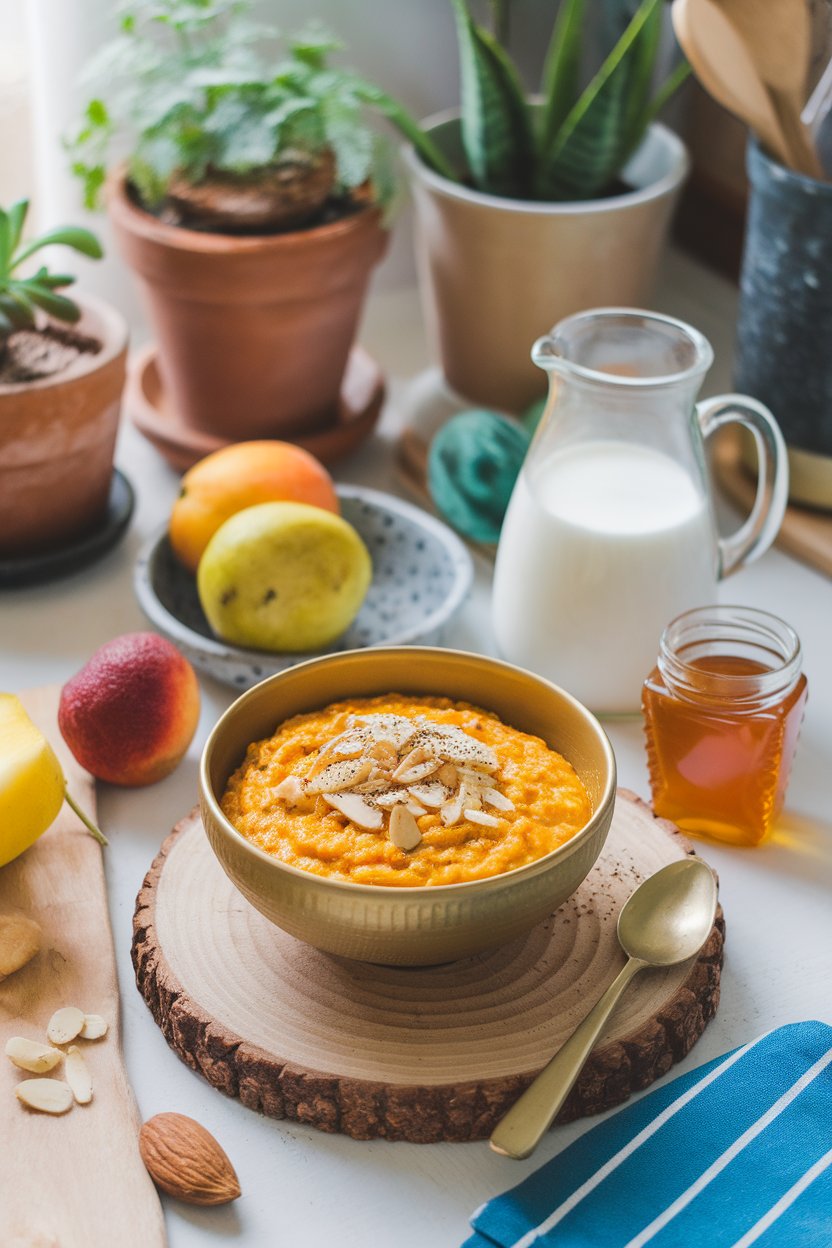 Indoor wellness kitchen with a golden bowl of turmeric oatmeal topped with almond slivers and a dusting of black pepper. No text or logos. Photo.