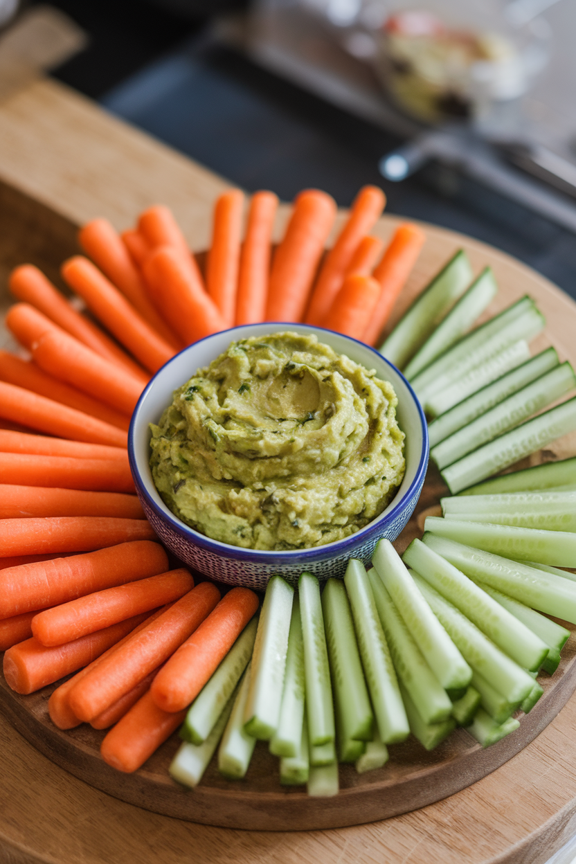 Indoor snack plate of guacamole in a small bowl surrounded by carrot, cucumber, and jicama sticks; no text or logos, photo style.