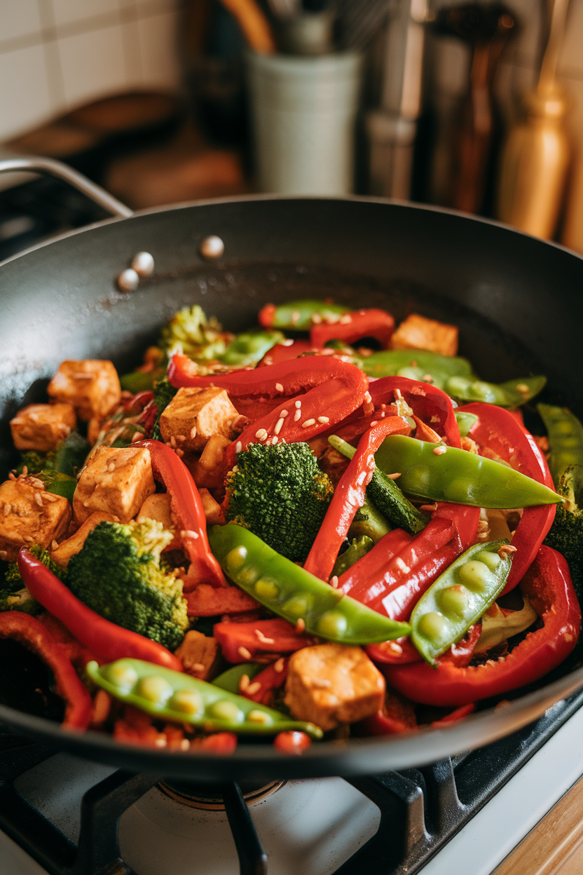 Photo of a colorful stir-fry in a wok—red peppers, broccoli, snap peas, and tofu cubes coated in glossy sauce—shot indoors. No text or logos.</Prompt