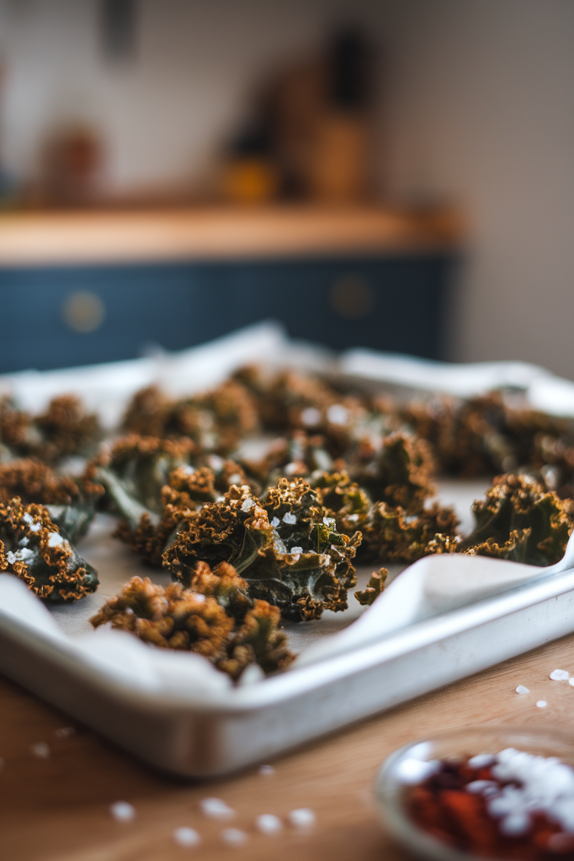 Indoor baking tray of baked kale chips lightly seasoned, captured overhead. No text or logos.