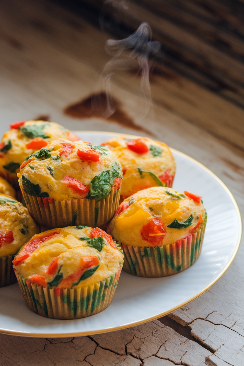 An indoor photo of a white plate holding colorful baked egg muffins studded with spinach, bell peppers, and tomatoes, steam gently rising. No text or logos visible.