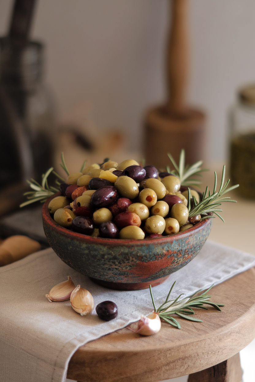 Indoor photo of a small rustic bowl filled with mixed olives roasted with garlic cloves and rosemary sprigs, set on a linen runner. No text or logos.