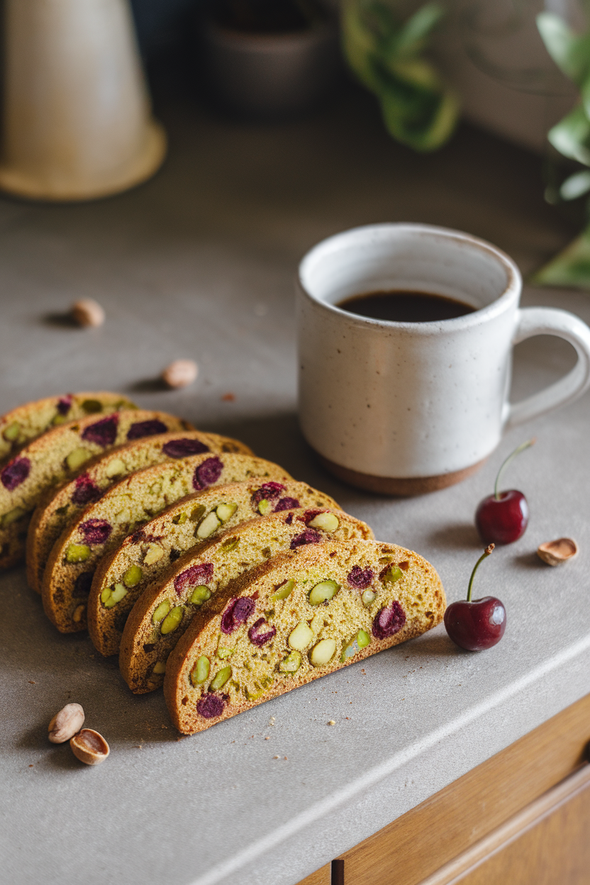 Indoor countertop shot of twice-baked biscotti slices showing green pistachios and red cherries, arranged beside a mug of coffee; no text or logos.