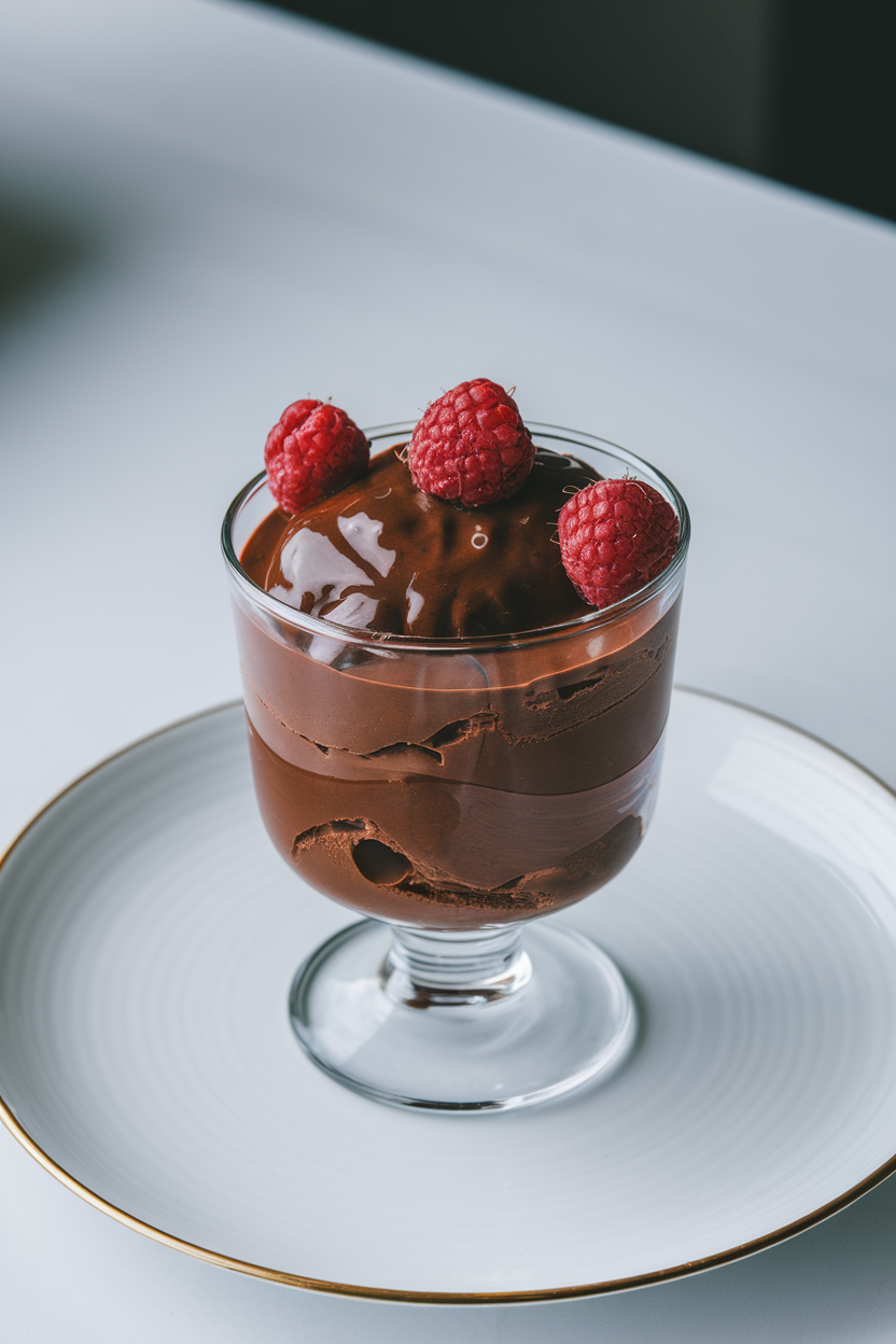 An indoor dessert cup filled with glossy chocolate mousse topped with raspberries, no beans visible—no text or logos; photo, not illustration