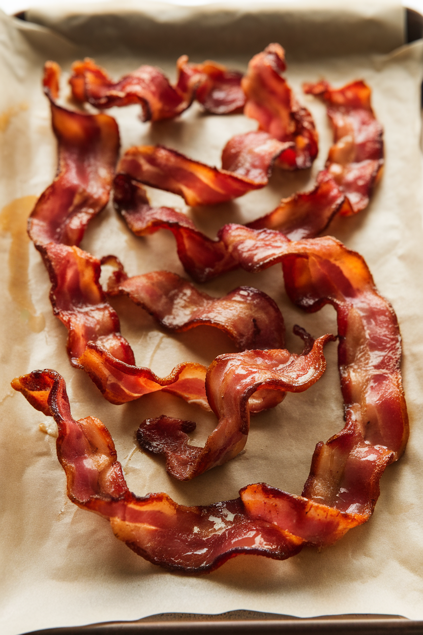 Close-up indoor photo of crispy bacon strips twisted and lacquered with maple glaze on a parchment-lined tray. Light glistens on the bacon; no text or logos present.