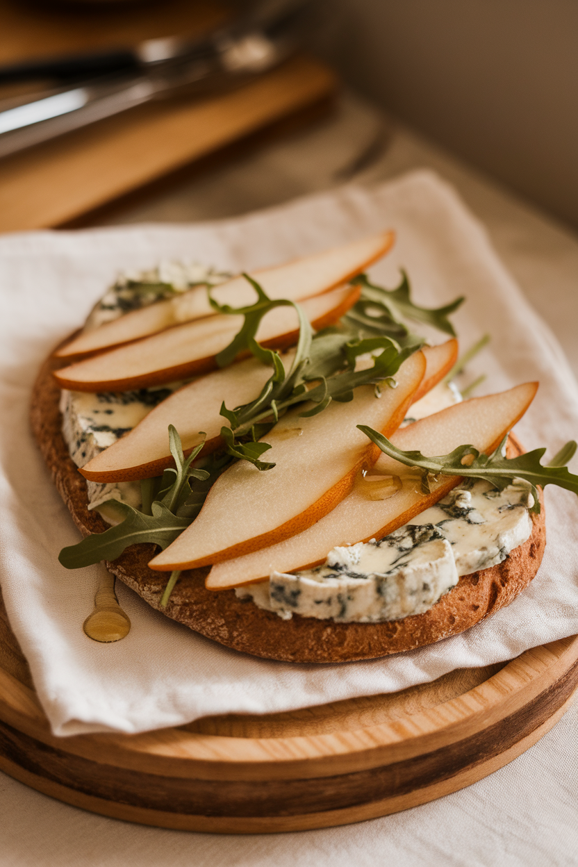 Indoor shot of whole-wheat flatbread topped with thin pear slices, melted blue cheese, and fresh arugula on a wooden board. Warm, gentle lighting; no text or logos present.