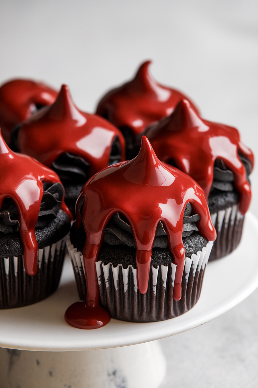Dark chocolate cupcakes topped with glossy red “poison apple” glaze dripping over black buttercream, indoor scene, no text or logos.