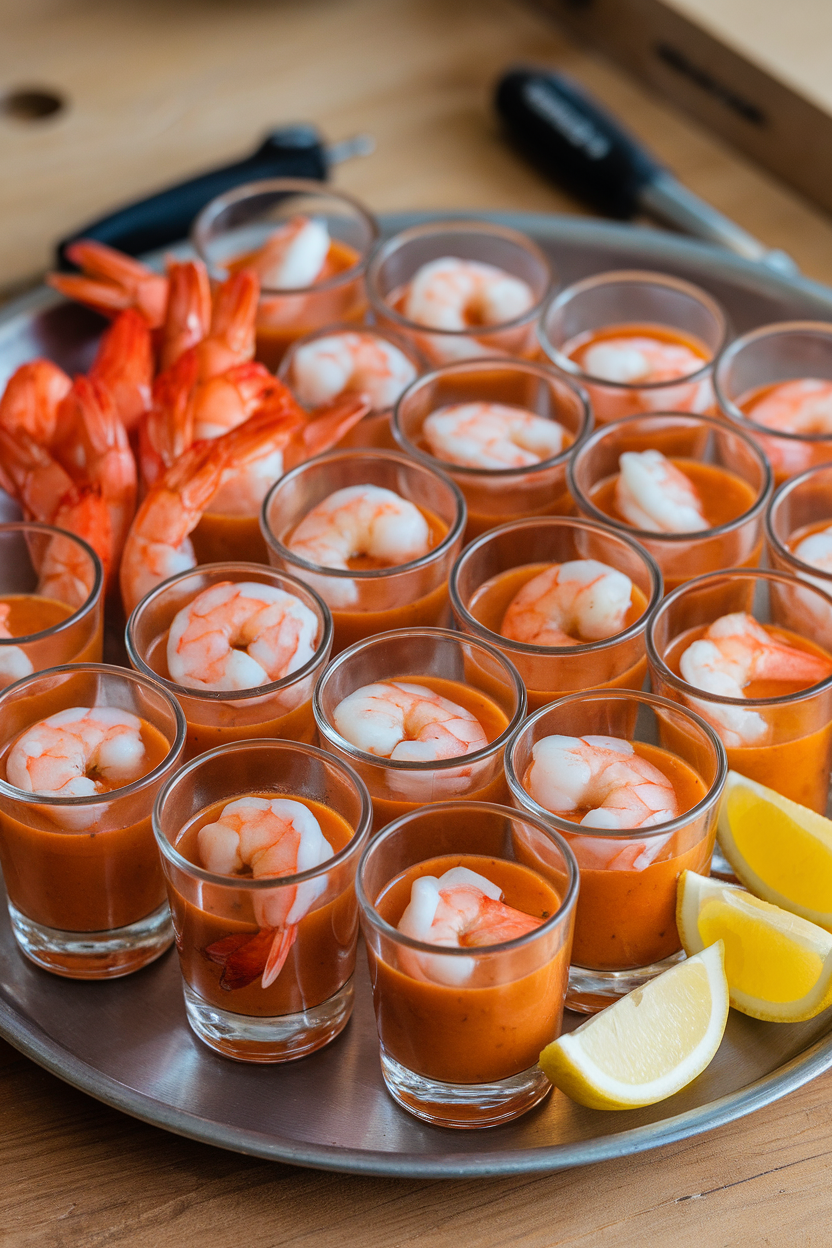 An indoor tray of clear shot glasses filled with cooked shrimp tails hanging over spicy cocktail sauce, lemon wedges nearby, no logos.