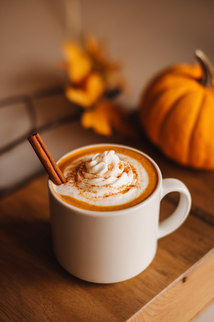 Indoor photo of a white mug of pumpkin spice latte with whipped cream swirl and cinnamon stick, no text or logos