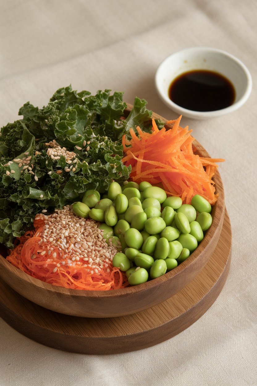 An indoor bowl displaying shredded kale, shelled edamame, grated carrot, and sesame seeds with soy-ginger dressing on the side. No text or logos; photo only.
