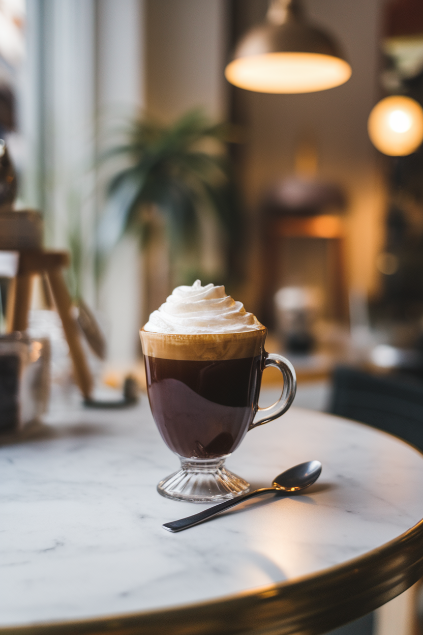 A cozy indoor café table showing a footed glass mug of dark coffee crowned with a layer of softly whipped cream. No text or logos; photograph, not illustration.