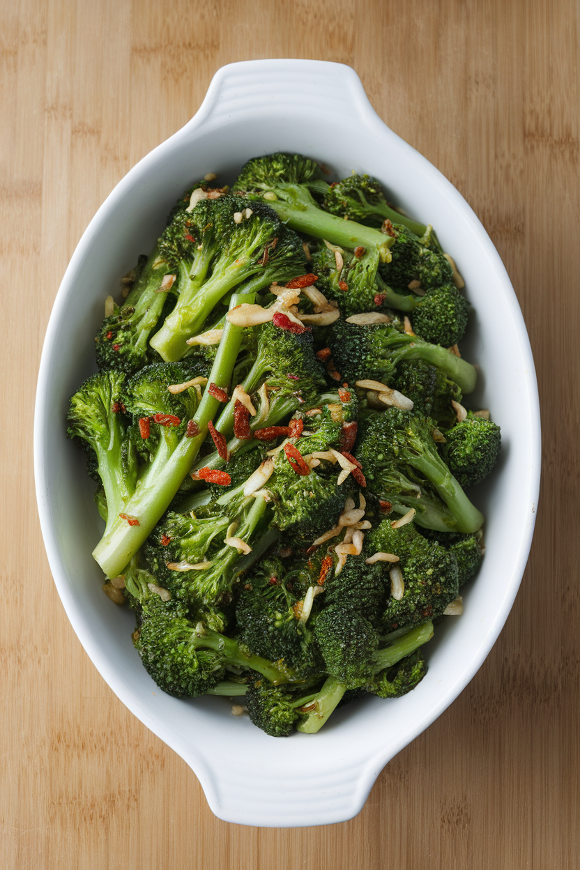 A white serving dish of vibrant green broccoli rabe sautéed with garlic slivers and red chili flakes, shot indoors. No text or logos. Photo only.