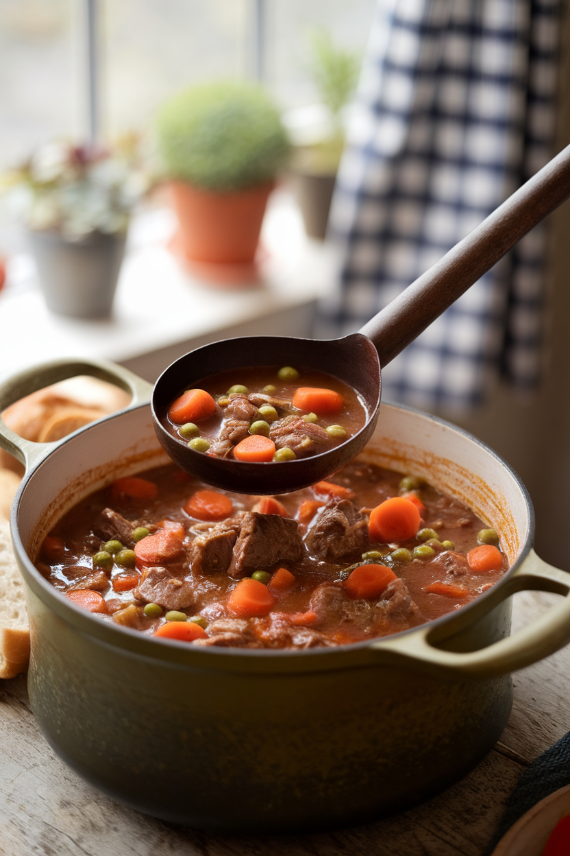 Indoor photo of a ladle hovering over a pot of hearty beef stew with carrots and peas; no text or logos