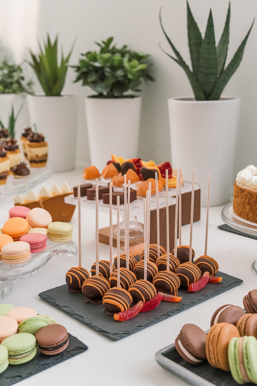 Photo, not illustration. Indoor modern dessert bar. Dark chocolate cake pops with vibrant orange drizzle and a small candied blood-orange peel piece, displayed on a slate board. No logos or text.