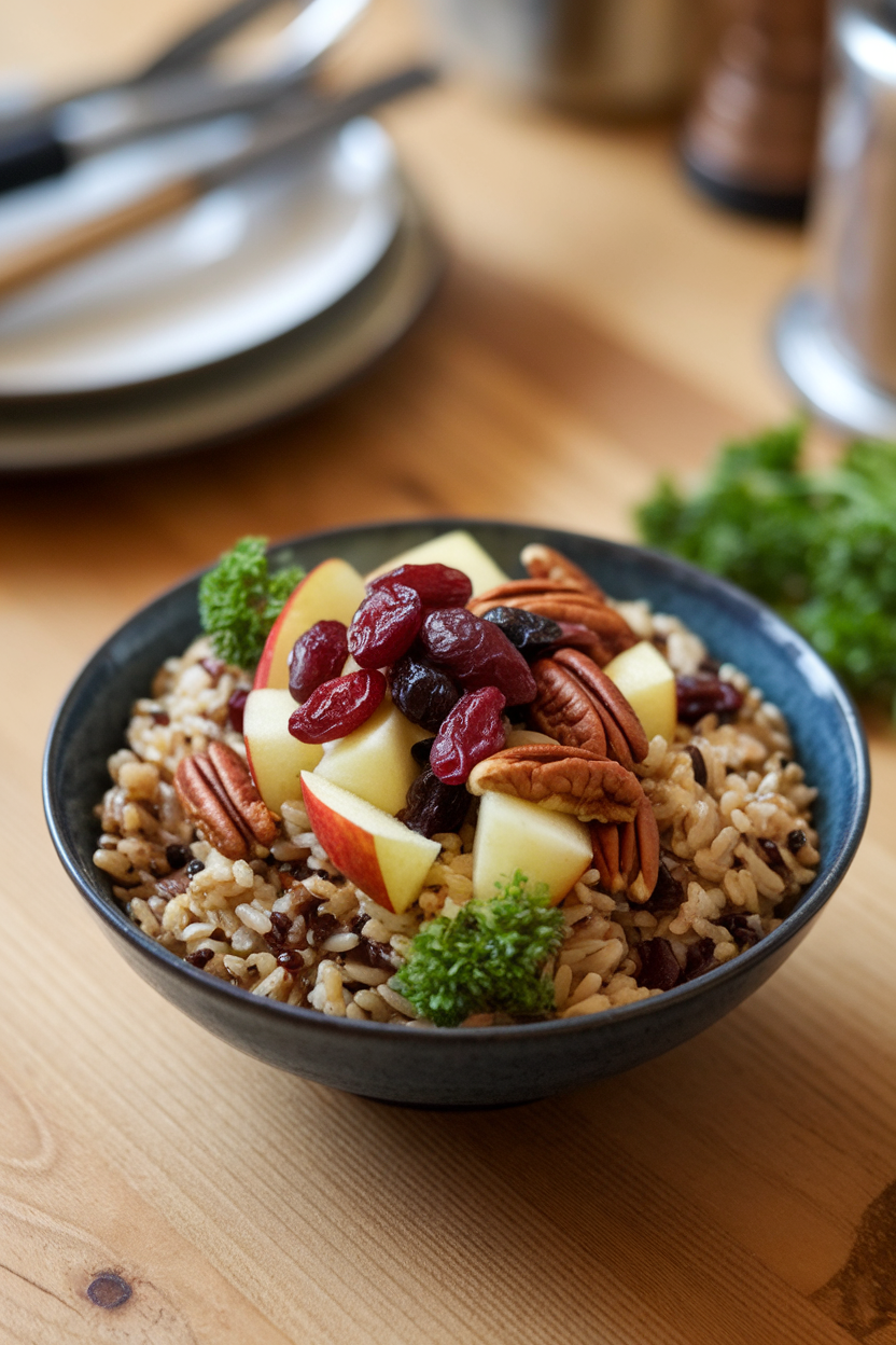 Photo of an indoor wooden table featuring a bowl of cooked wild rice, dried cranberries, diced apples, toasted pecans, and parsley. No text or logos visible.