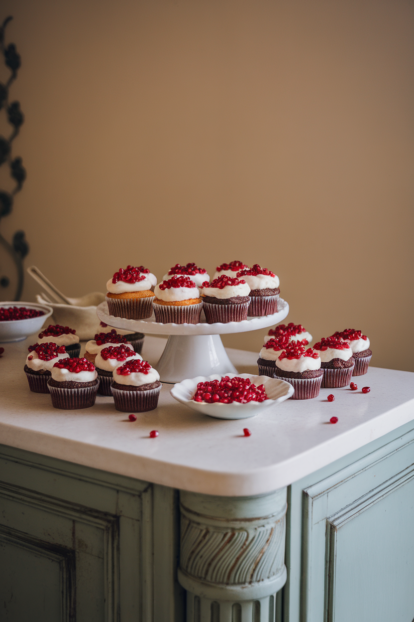 Photo of indoor kitchen island showcasing cupcakes topped with white frosting and a crown of bright ruby pomegranate seeds, no text or logos.