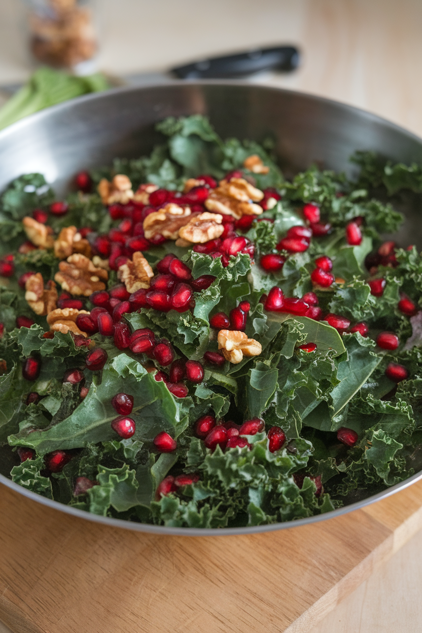 A large indoor salad bowl of torn kale leaves dotted with ruby pomegranate arils and toasted walnuts; no text or logos.