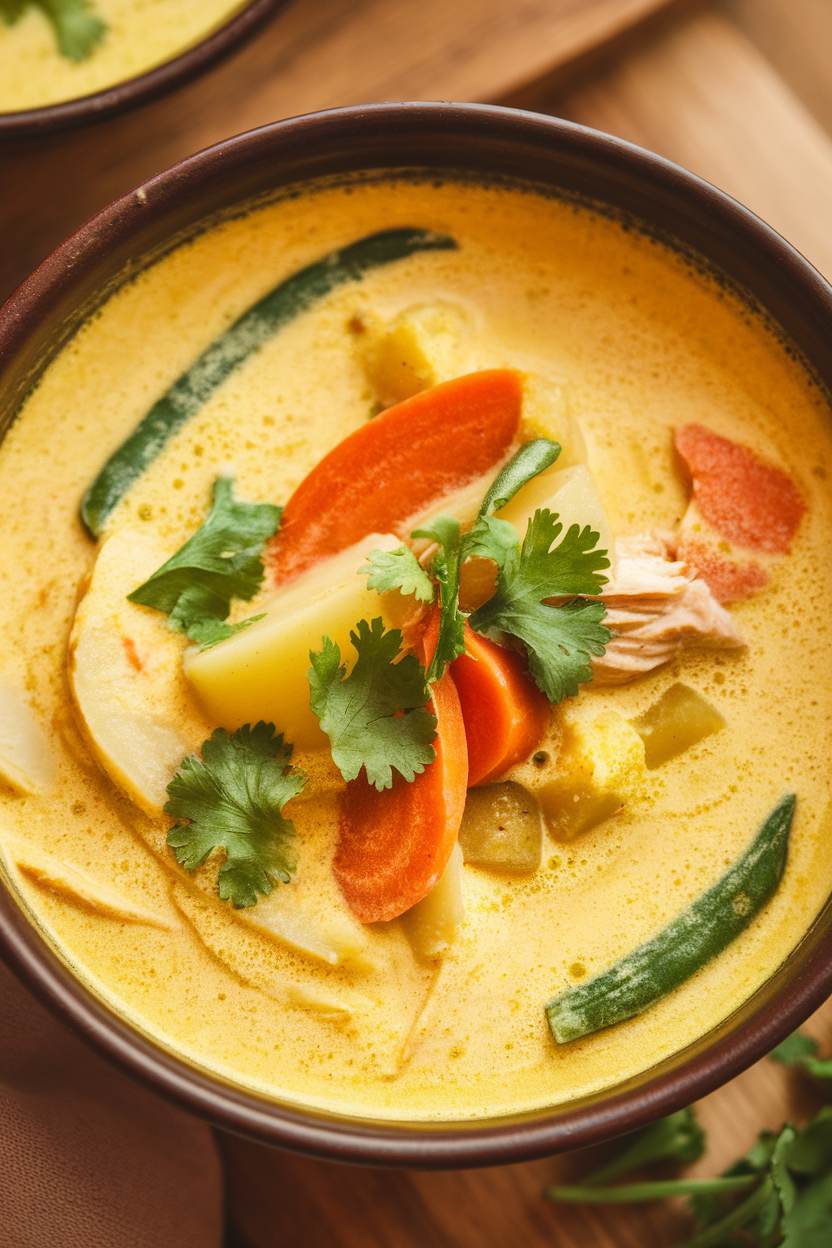 Indoor shooter glasses filled with creamy yellow coconut curry soup, garnished with cilantro; warm lighting, no logos or text
