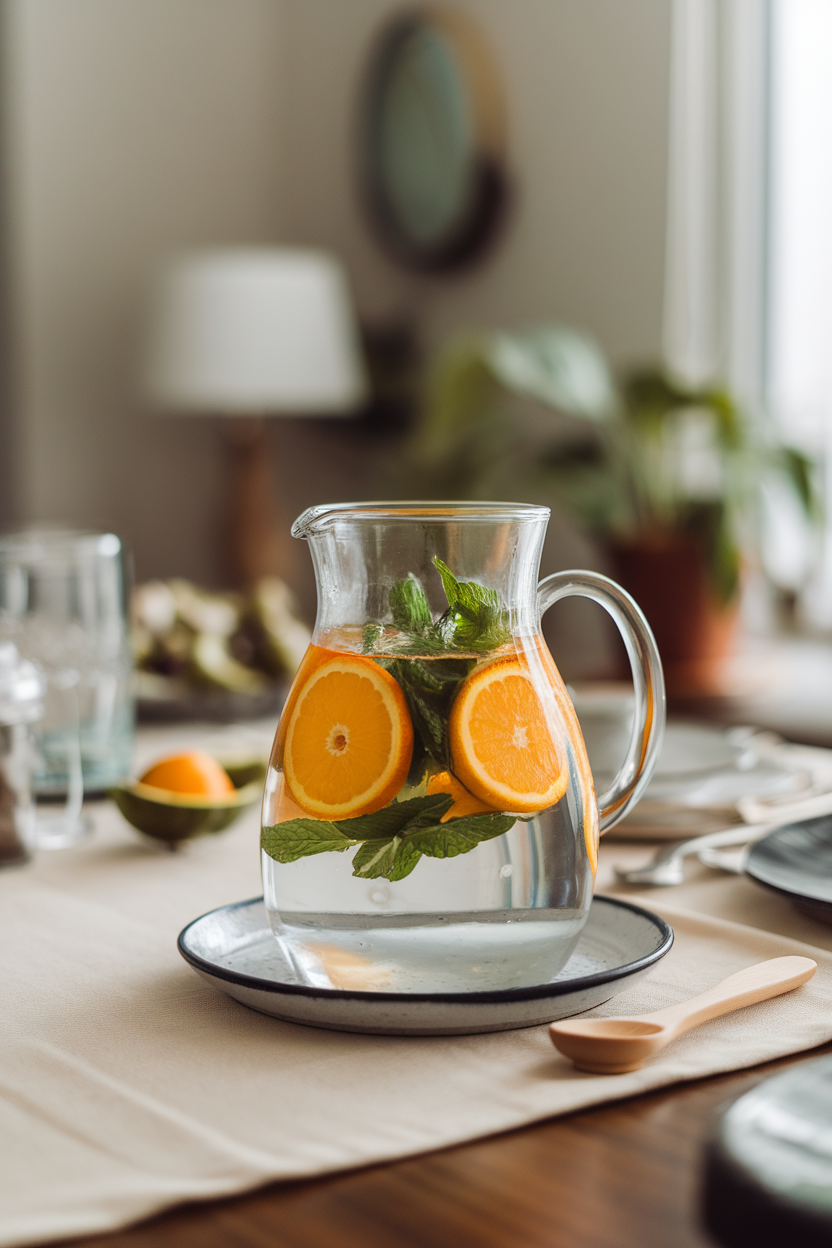 Photo of an indoor glass pitcher filled with water, orange slices, and mint leaves on a dining table. No text or logos present.