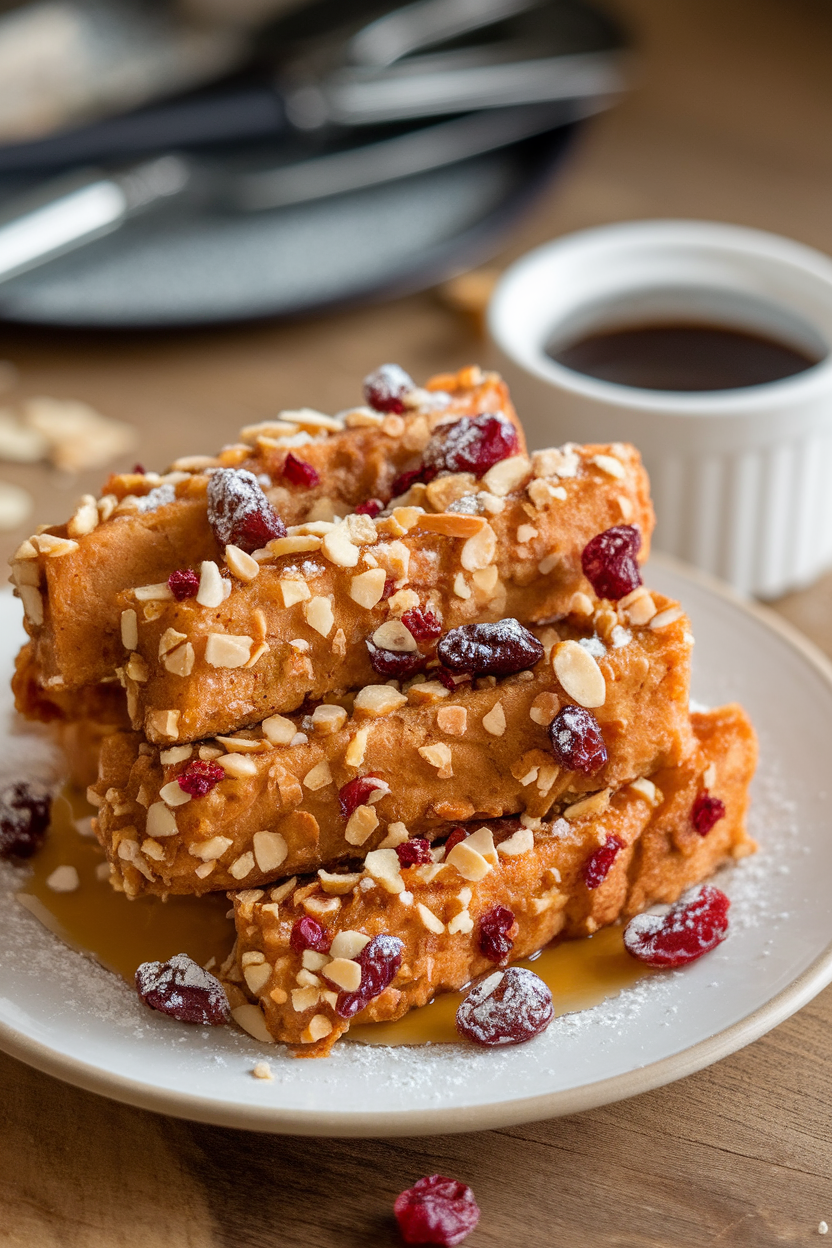 Photo of an indoor plate stacked with battered French toast sticks coated in crushed almonds and dried cranberries, maple syrup in a ramekin. No text or logos visible.