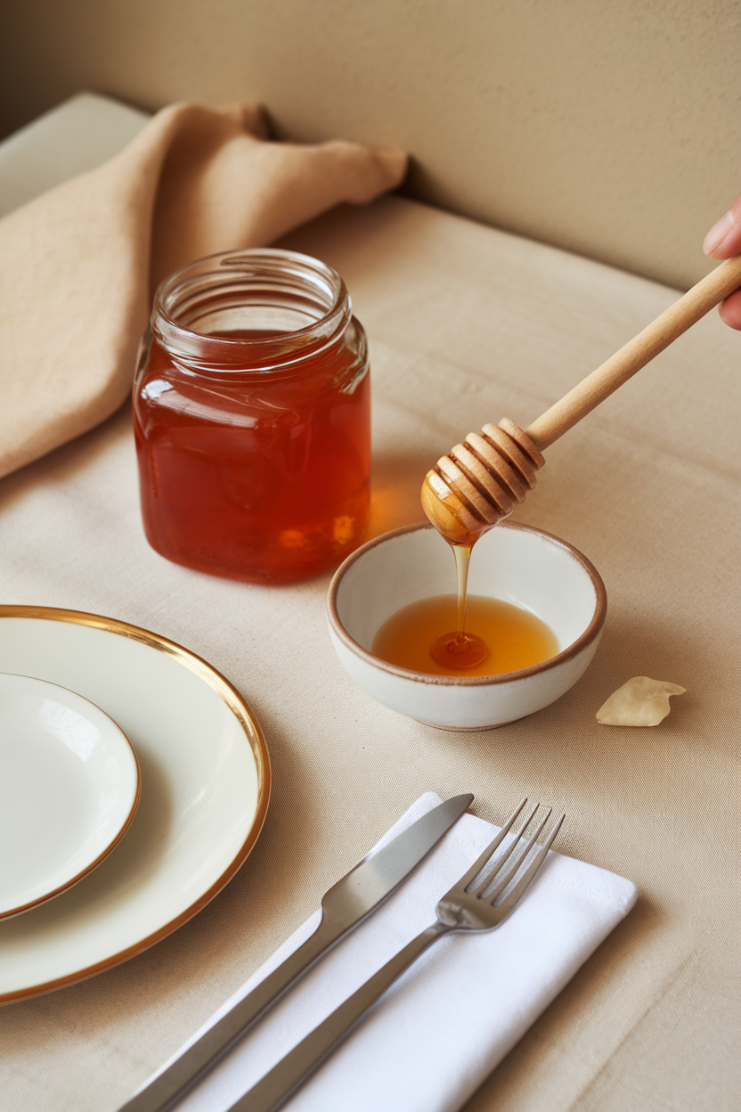 An indoor breakfast table with a glass jar of amber Greek honey and a wooden dipper drizzling a ribbon into a bowl, no text or logos, photo.