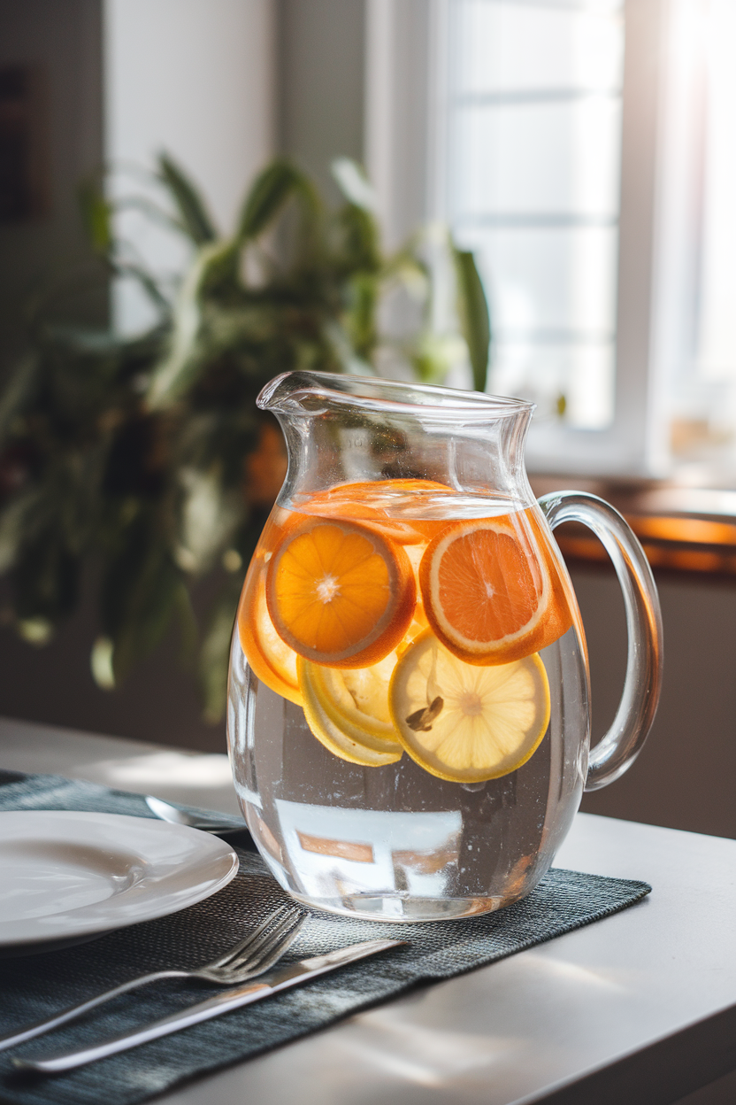 A clear pitcher of water with floating citrus slices on a kitchen table, indoor daylight, photo, no text or logos