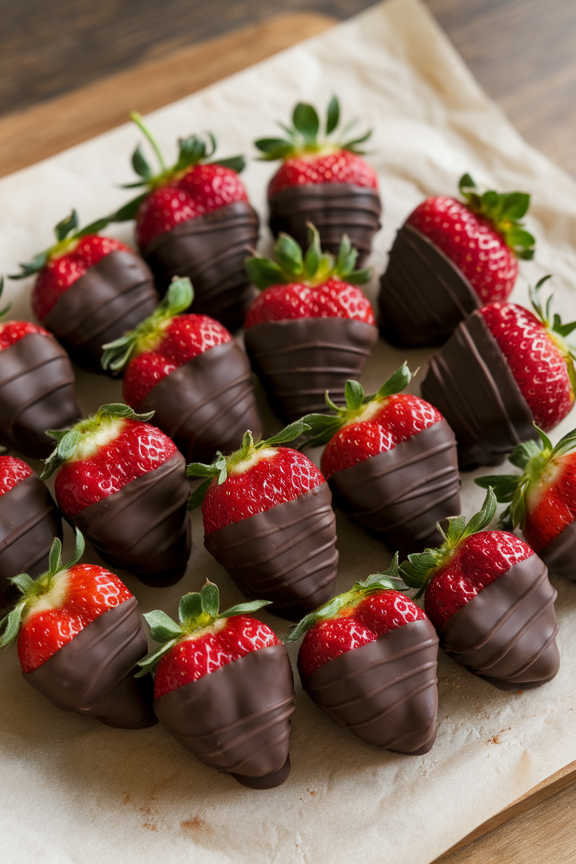 Photo of ripe strawberries half-dipped in dark chocolate arranged on parchment paper indoors. No text or logos.