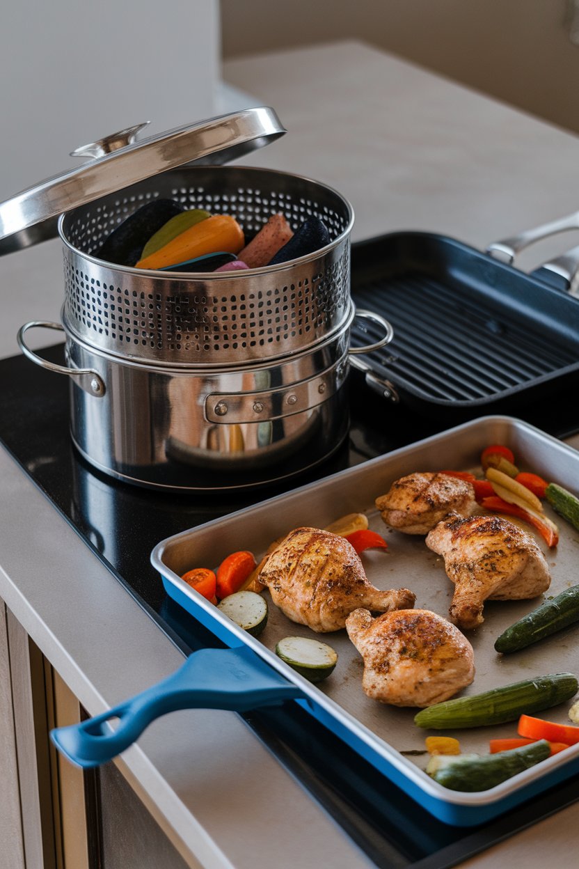 Photo collage-style shot indoors showing a steamer basket, a sheet pan, and a grill pan on a countertop. Neutral lighting, no text or logos.