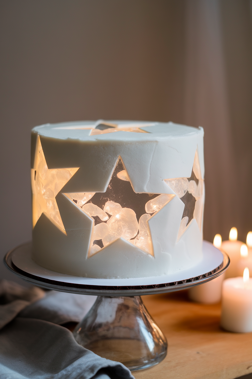 A white fondant-covered cake indoors featuring large star cutouts filled with translucent melted-candy panels that glow under soft light. No marking or brands, photo only.
