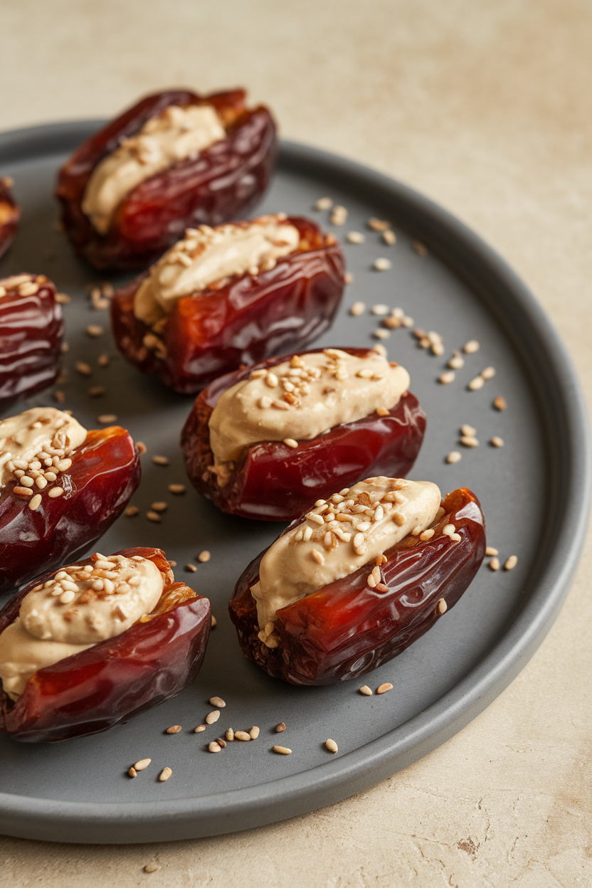 Indoor photo of glossy medjool dates slit open and filled with creamy tahini, sprinkled with sesame seeds, on a matte plate. No text or logos.